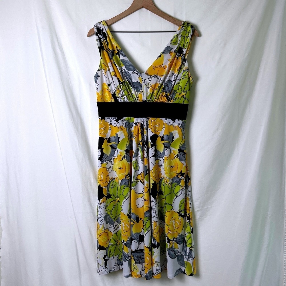 Jones Wear Womens Floral V-Neck Empire Waist Fit & Flare Dress Size 10 Yellow